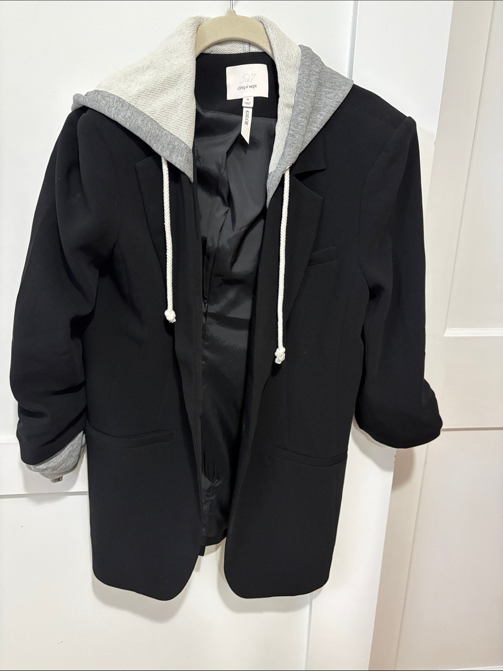 cinq a sept Black Blazer with Gray Hooded Layered Detail